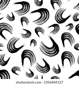 Seamless pattern with black wavy grunge brush strokes in abstract shapes on white background. Vector illustration