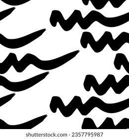 Seamless pattern with black wavy grunge brush strokes in abstract shapes on white background. Vector illustration