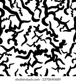 Seamless pattern with black wavy grunge brush strokes in abstract shapes on white background. Vector illustration