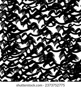 Seamless pattern with black wavy grunge brush strokes in abstract shapes on white background. Vector illustration