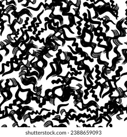 Seamless pattern with black wavy grunge brush strokes in abstract shapes on white background. Vector illustration