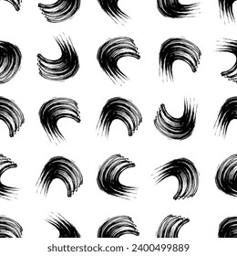 Seamless pattern with black wavy grunge brush strokes in abstract shapes on white background. Vector illustration