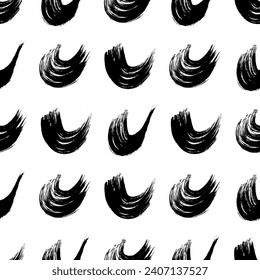 Seamless pattern with black wavy grunge brush strokes in abstract shapes on white background. Vector illustration