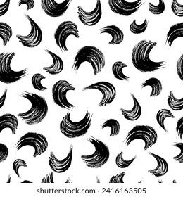 Seamless pattern with black wavy grunge brush strokes in abstract shapes on white background. Vector illustration