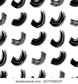 Seamless pattern with black wavy grunge brush strokes in abstract shapes on white background. Vector illustration