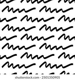 Patrón sin fisuras con trazos de pincel grunge ondulado negro en Formas abstractas sobre fondo blanco. Ilustración vectorial