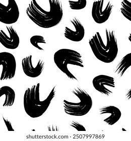 Seamless pattern with black wavy grunge brush strokes in abstract shapes on white background. Vector illustration