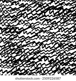 Seamless pattern with black wavy grunge brush strokes in abstract shapes on white background. Vector illustration