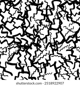 Nahtloses Muster mit schwarzen, welligen Grunge-Pinselstrichen in abstrakten Formen auf weißem Hintergrund. Vektorgrafik
