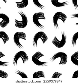 Seamless pattern with black wavy grunge brush strokes in abstract shapes on white background. Vector illustration