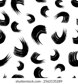Seamless pattern with black wavy grunge brush strokes in abstract shapes on white background. Vector illustration