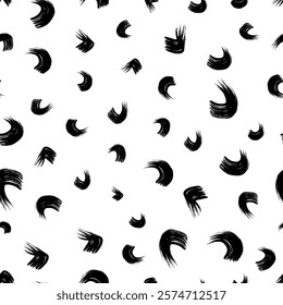 Seamless pattern with black wavy grunge brush strokes in abstract shapes on white background. Vector illustration