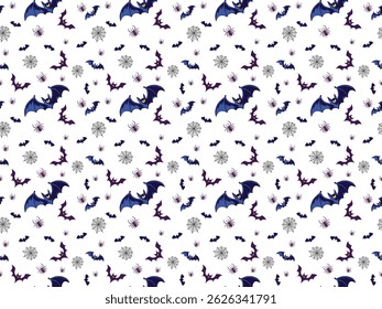 Padrão contínuo com teia preta, aranhas e morcegos em fundo branco. Plano de fundo do tema de Halloween.