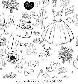 Seamless pattern with black wedding symbols.Endless texture with hand drawn objects on white