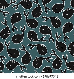 Seamless pattern with black whales on blue background.  Blue background kids wallpaper textiles vector