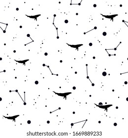 Seamless pattern with black whales in space or cosmos. Swallows, stars, constellations on white background. Creative wallpaper, good for printing and fabric. Vector illustration.