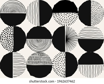 Seamless pattern black and whie Doodle Creative minimalist Abstract art shape and Hand Drawn doodle Scribble Circle. Design elements or background for wall decoration, postcard, poster or brochure