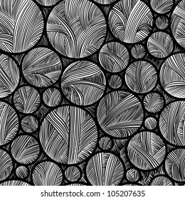 Seamless pattern black and white abstract lines and circles hand drawn sketch style, vector texture background.