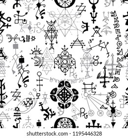 Seamless pattern with black and white abstract mystic symbols and signs. Esoteric, occult and wicca concept, Halloween illustration with mystic symbols and sacred geometry 