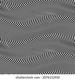 Seamless pattern of black white abstract striped waves. Optical illusion vibrant repeatable texture of distorted lines.