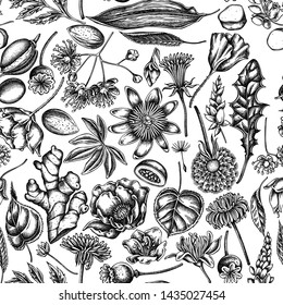 Seamless pattern with black and white almond, dandelion, ginger, poppy flower, passion flower, tilia cordata