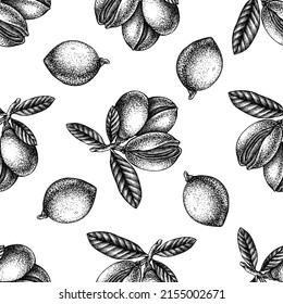 Seamless pattern with black and white almond, letters