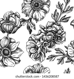 Seamless pattern with black and white anemone