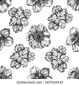 Seamless pattern with black and white anemone, iris japonica, sakura