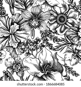 Seamless pattern with black and white anemone, lavender, rosemary everlasting, phalaenopsis, lily, iris