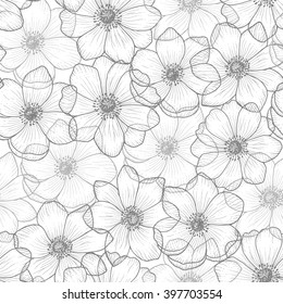 Seamless pattern black and white anemone / Vintage pattern of monochrome wind flower / Vector anemone / Design for card, mother's day, wedding, birthday, textile, web, wallpaper, wrapping, print