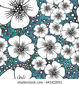 Seamless pattern with black and white apple flowers on blue background. hand drawn artistic texture. Eps-10