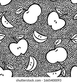 Seamless pattern of black and white apples on a background of small circles drawn by hand. In the style of engraving. For the design of fabrics, wrappers , interiors, etc.