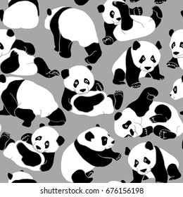 Seamless pattern with black and white asian bear (panda) on a gray background. Vector illustration.