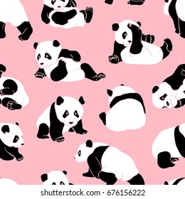 Seamless pattern with black and white asian bear (panda) on a light pink background. Vector illustration.