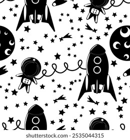 Patrón sin fisuras astronauta blanco y negro en el espacio y cohete entre la luna y las estrellas - Ilustración vectorial para el diseño de embalaje, Fondo de pantalla, textil