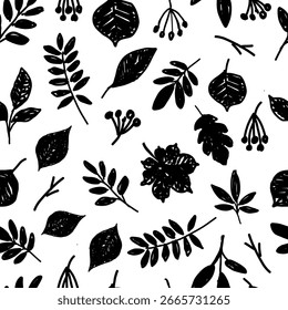 Seamless pattern with black and white autumn leaves and berries silhouettes. Botanical hand drawn illustration.