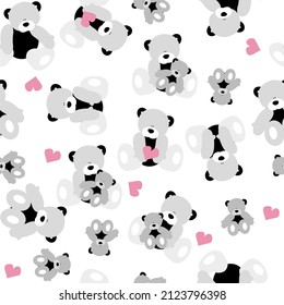Seamless pattern, black and white bears with pink hearts on a colorless background. Beautiful background for your design, wallpapers, fabrics, textiles, wrapping paper and more.