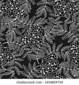 Seamless pattern in black and white with berries and rowan leaves