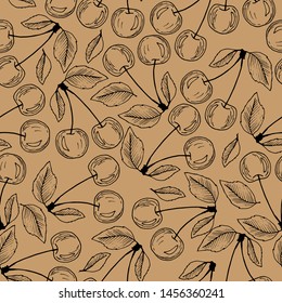 Seamless pattern in black and white with berries and leaves of cherry