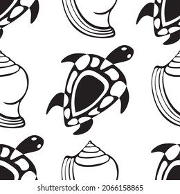 seamless pattern black and white big sea turtles and round sea shells ink sketch vector