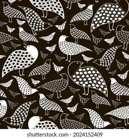 Seamless pattern with black and white birds in doodle style.Vector texture