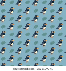 Seamless Pattern of Black and White Birds with Green Leaves on Blue Background