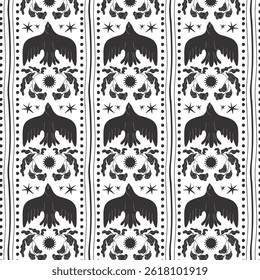 Seamless pattern black and white birds, flowers