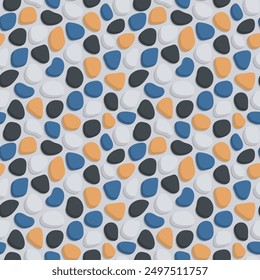 seamless pattern of black, white, blue and orange colored stones on a white background