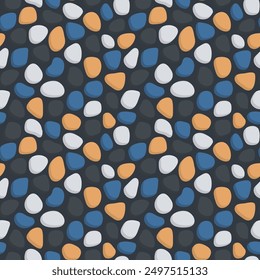 seamless pattern of black, white, blue and orange colored stones on a black background