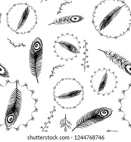 Seamless pattern with black and white boho elements