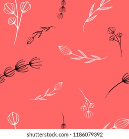 Seamless pattern with black and white branches on a pastel pink background