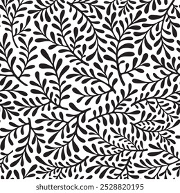 Seamless pattern. Black and white branches with leaves. Vector illustration.