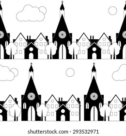 Seamless pattern with black and white buildings: private houses and churches. Trees, clouds and Sun. Street view. Vector illustration