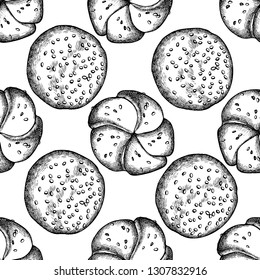 Seamless pattern with black and white buns and bread